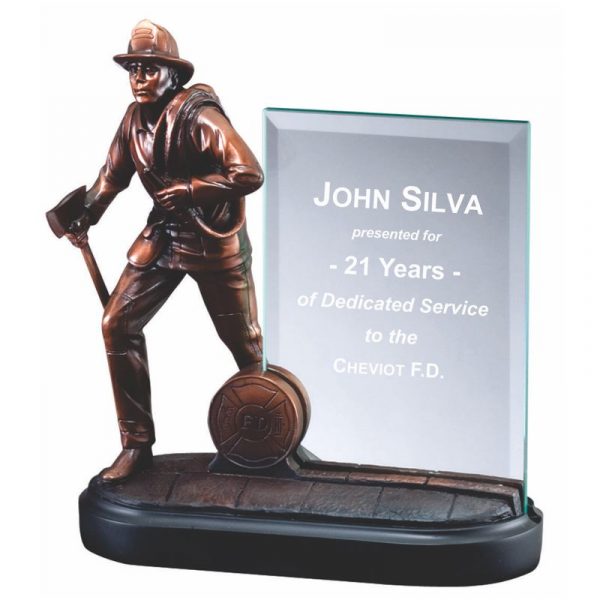 Fireman Statue Bronze Finished Glass Plaque